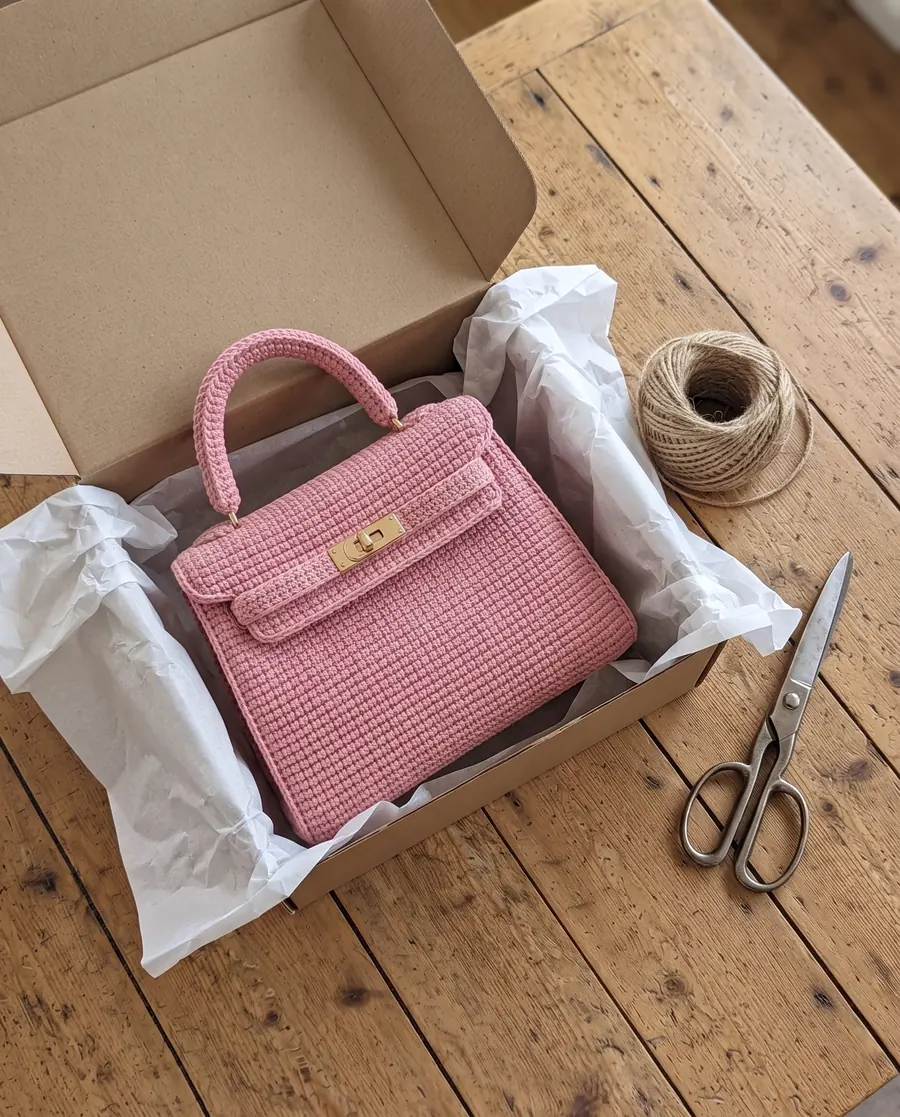 Le sac rose enveloppé de papier de soie dans une boîte en kraft