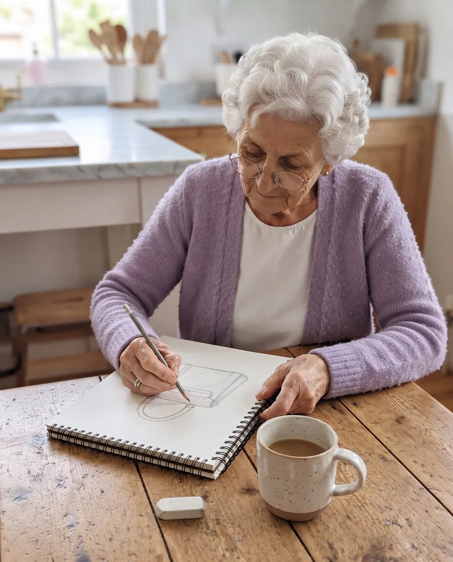 Elle dessine le sac au crayon dans un cahier à spirale, à la table de la cuisine