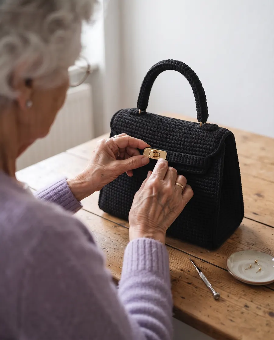 Ses mains posent le fermoir doré sur le sac noir