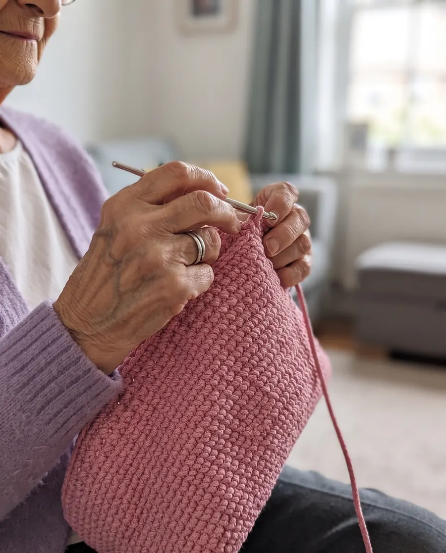 Gros plan sur ses mains qui crochètent un cordon de coton rose, maille après maille
