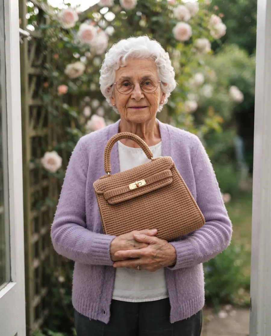Juliette, le visage de la marque, tient le sac caramel contre elle sur le pas de la porte du jardin
